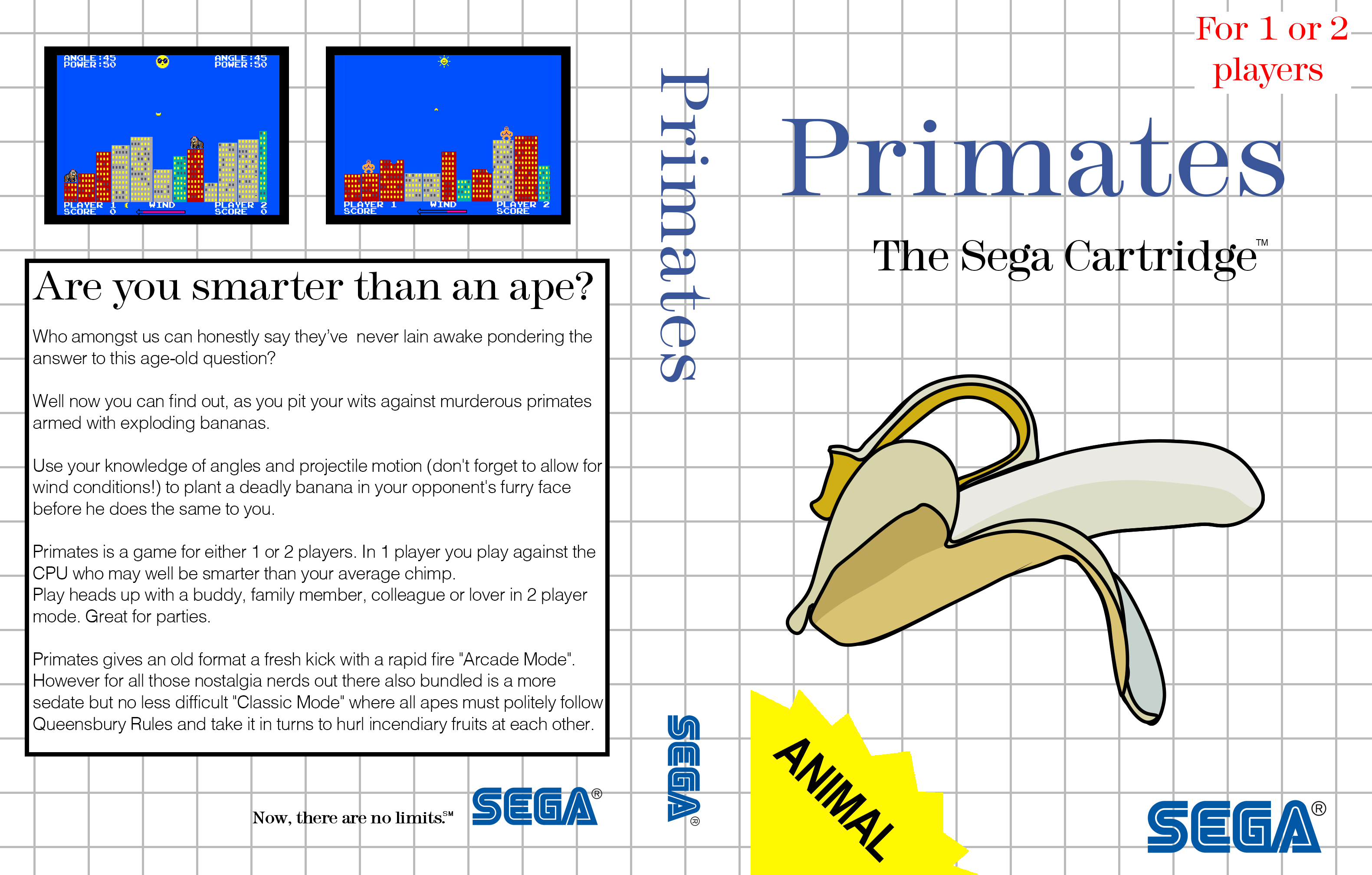 Box art of Primates - on the right hand side is a stylised graphic of a peeled banana. On the left is some text and screenshots