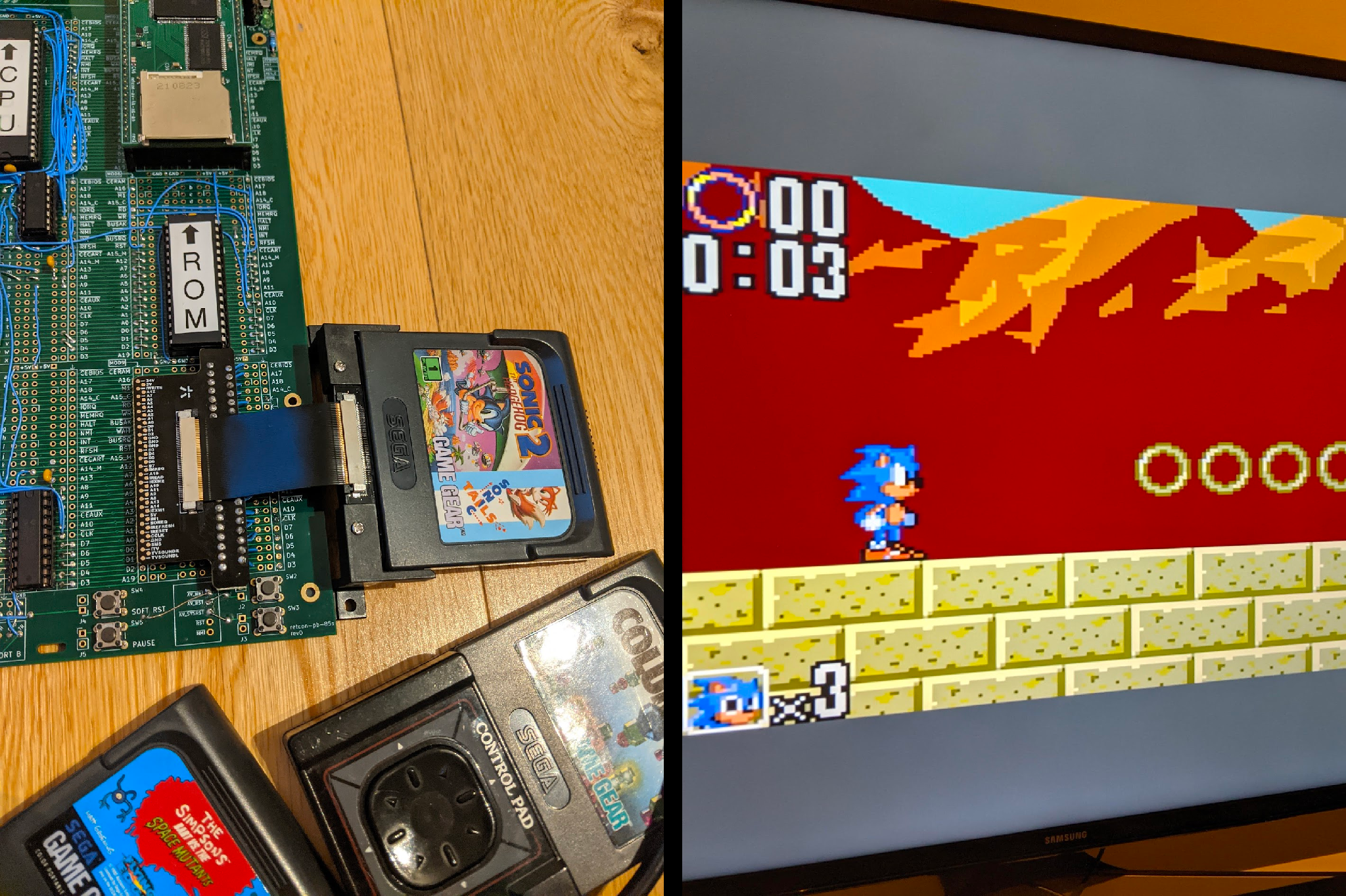 Game Gear cartridge slot wired into Retcon Project Board and Sonic the Hedgehog playing on the TV
