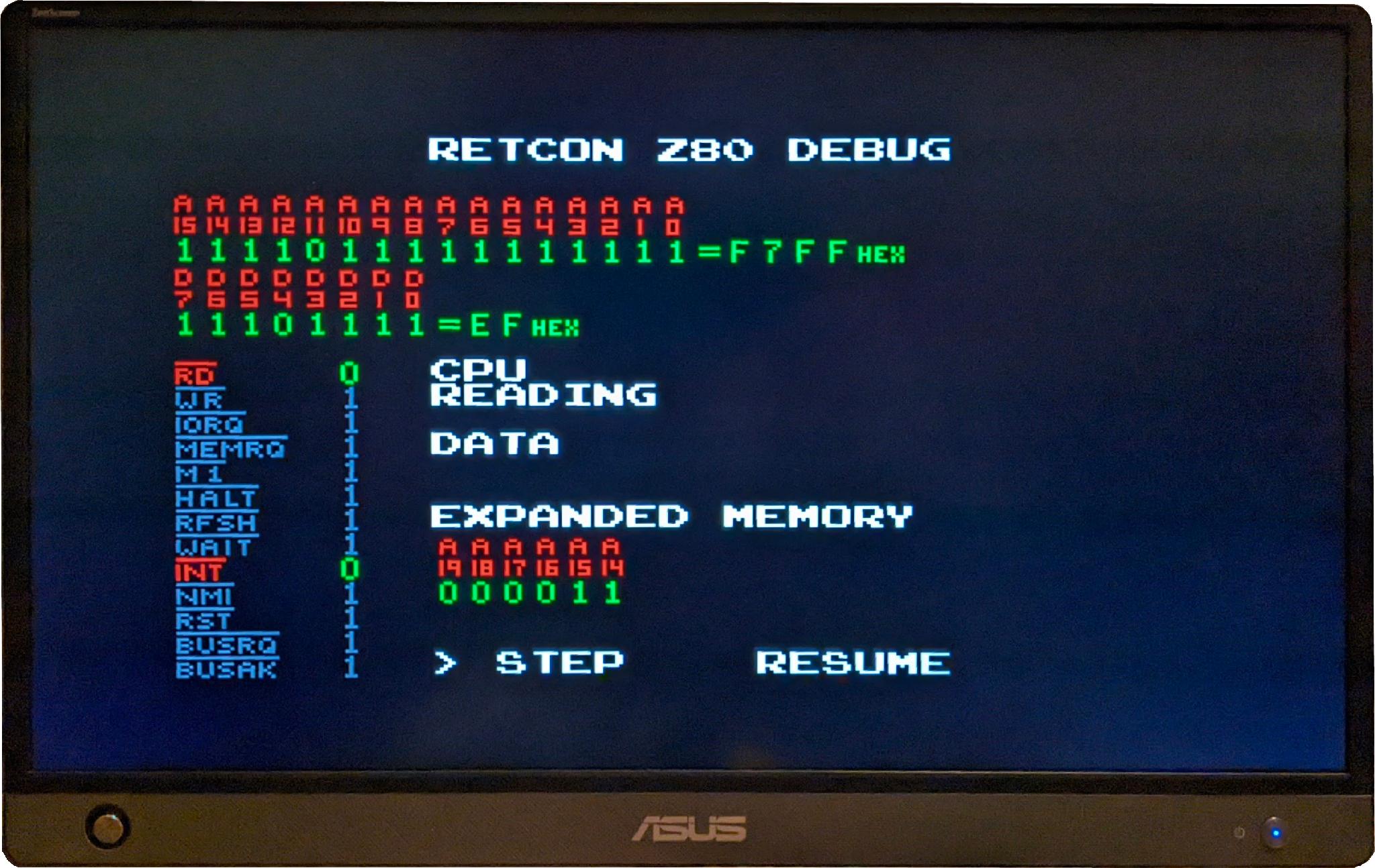 A photo of the Retcon Z80 debug screen running on an Asus portable monitor